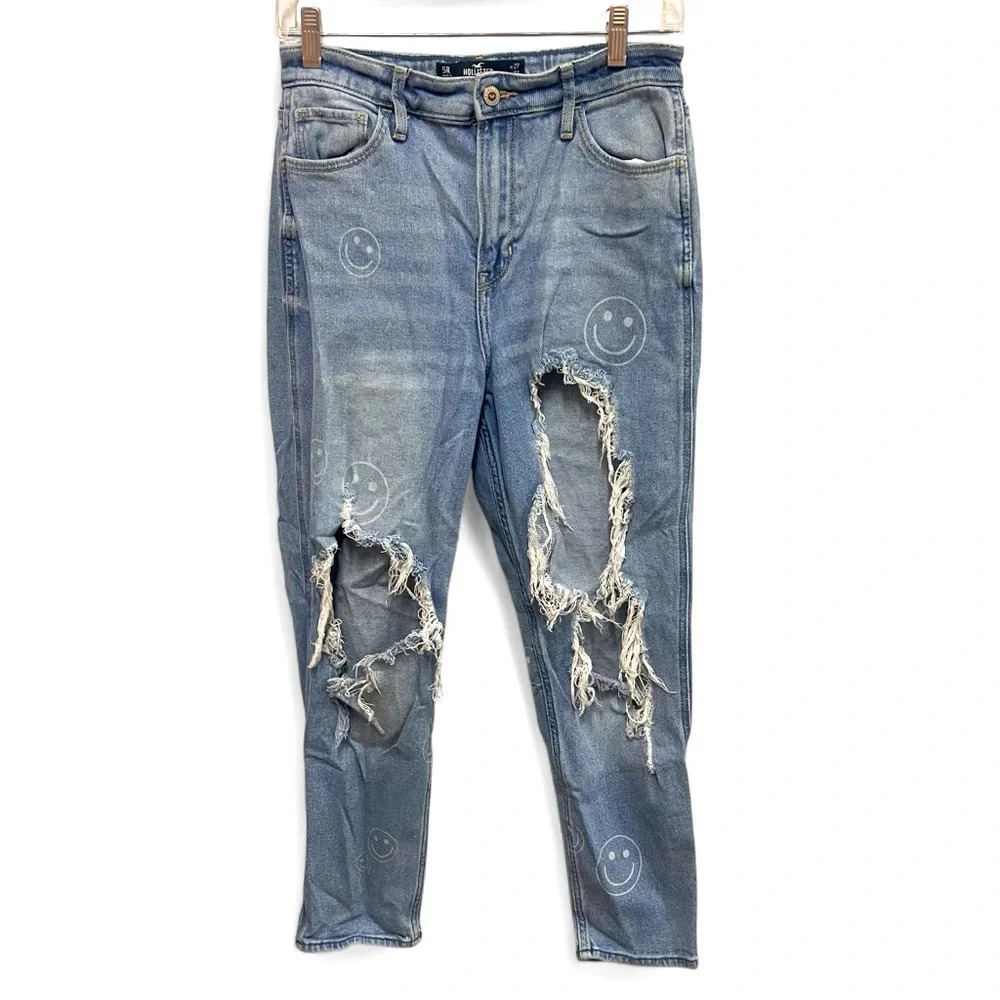 Hollister Ultra High-Rise Mom Jean w/printed happy faces deconstructed size 5R
